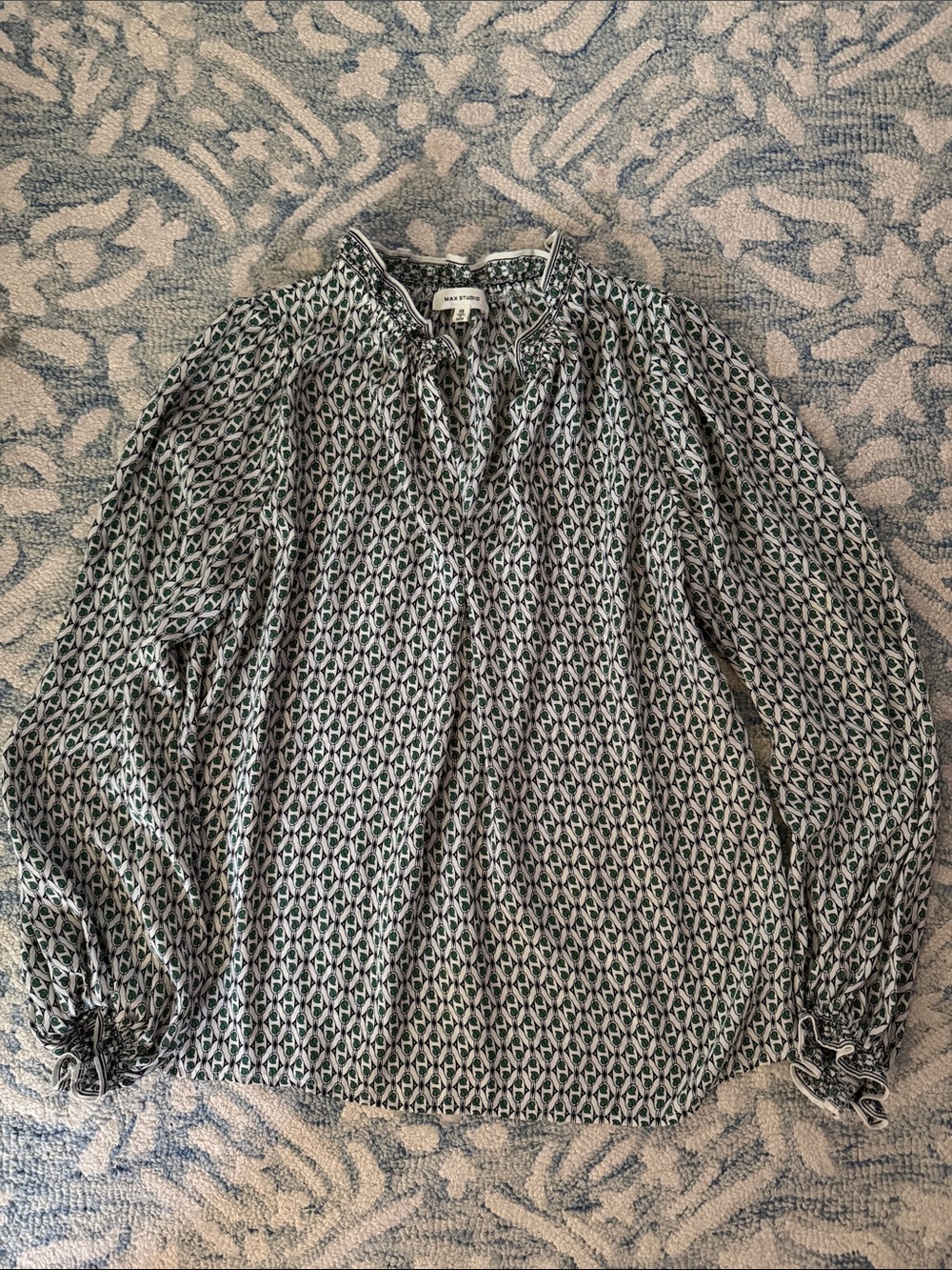 Max Studio White Blouse with Green Leaf Print